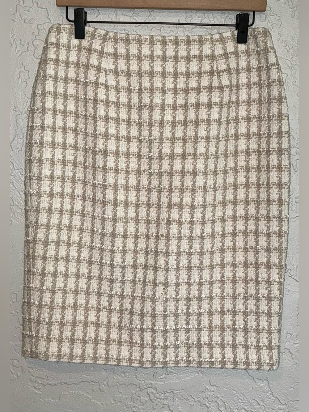 Calvin Klein Cream and Beige Check Tweed Pencil Skirt